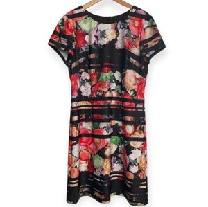 ADRIANNA PAPELL  WOMEN'S MULTICOLOR STRIPED  FLORAL SHORT SLEEVE DRESS. SIZE 16